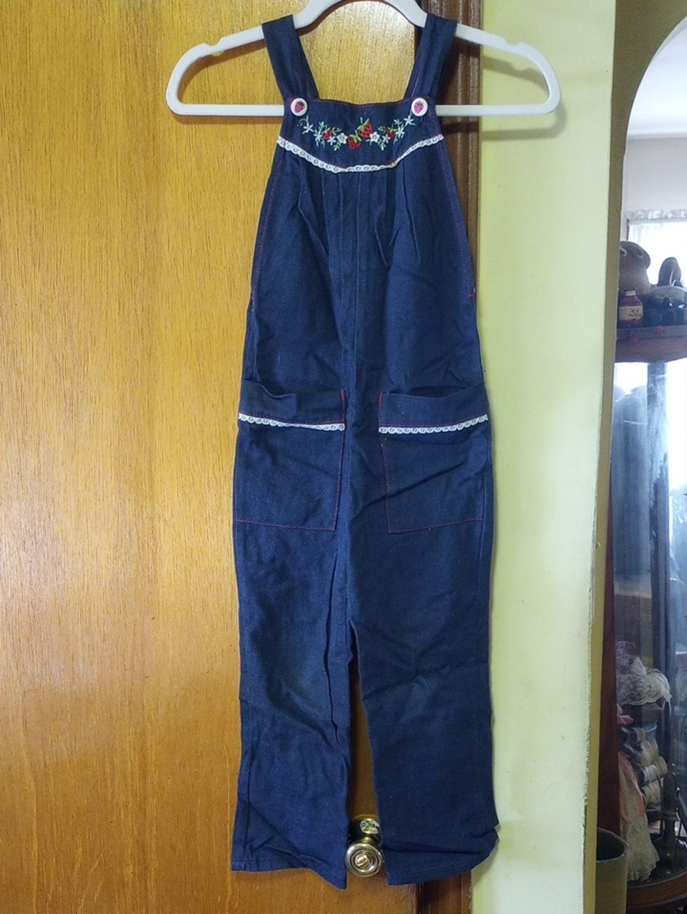 Jet Set Girl's Cotton Overalls w/ Embroidered Strawberry & Floral Design & Lace
